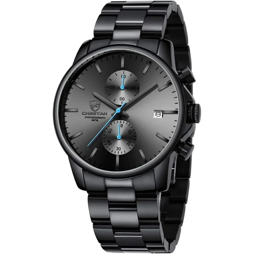 Fashion Business Men's Watches Black Blue Stainless Steel Waterproof Watch